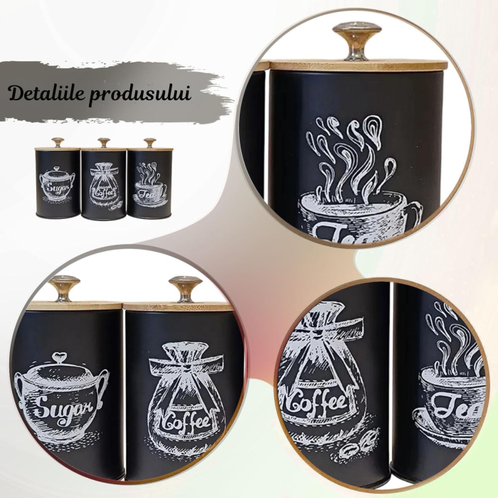 Set 4 recipiente alimentare VarioShop®, capacitate 1.5 L, otel/bambus, pentru cafea, ceai, zahar, sare, design modern, negru [3]