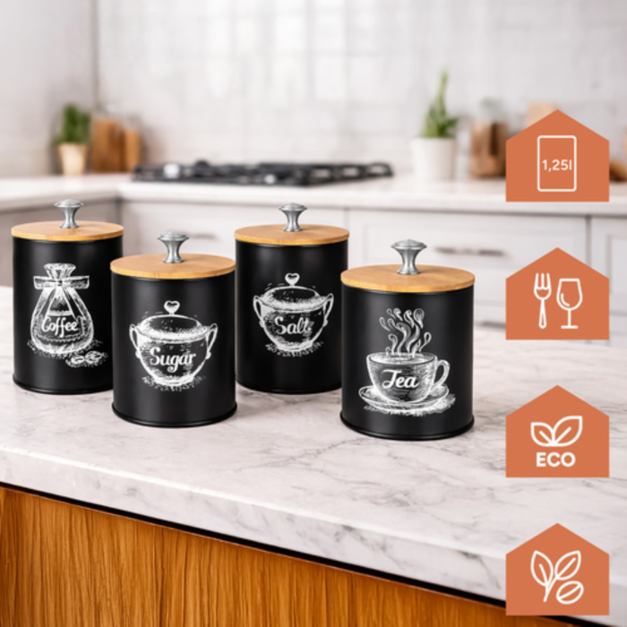 Set 4 recipiente alimentare VarioShop®, capacitate 1.5 L, otel/bambus, pentru cafea, ceai, zahar, sare, design modern, negru [4]