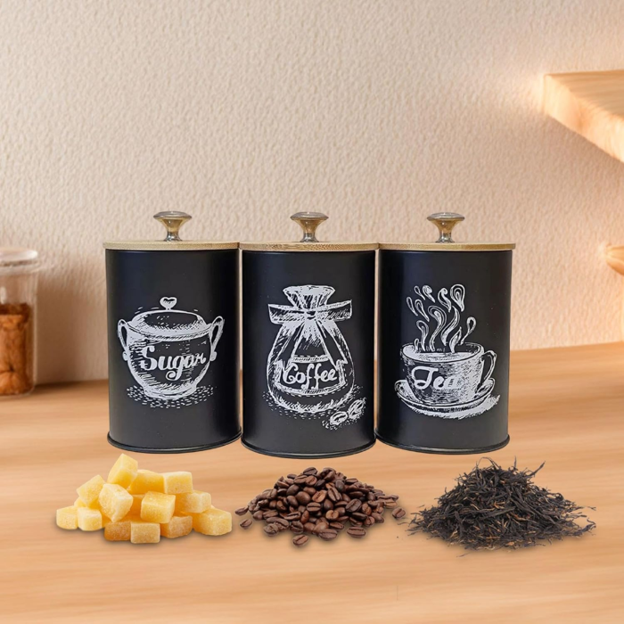 Set 4 recipiente alimentare VarioShop®, capacitate 1.5 L, otel/bambus, pentru cafea, ceai, zahar, sare, design modern, negru [8]