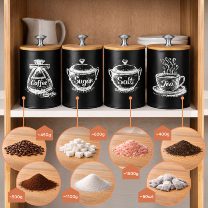 Set 4 recipiente alimentare VarioShop®, capacitate 1.5 L, otel/bambus, pentru cafea, ceai, zahar, sare, design modern, negru [2]