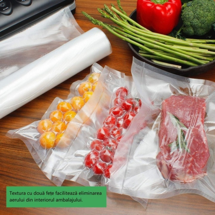 Set 4 role pungi de vidat gofrate VarioShop®, 28 x 600 cm, pentru aparat de vidat alimente, potrivit pentru carne, legume, fructe reutilizabile, rezistente, sous vide, lavabile [8]