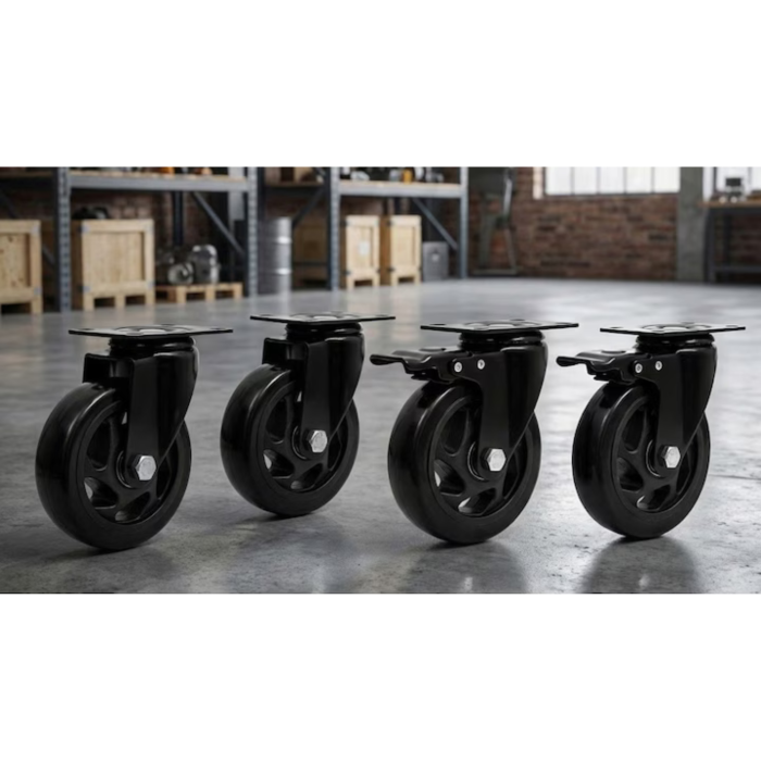 Set 4 roti pentru mobila VarioShop®, utilizare la carucioare si structuri mobile, rotatie 360°, frana pe 2 roti, capacitate 100 kg/bucata, diametru 100 mm, negru [6]
