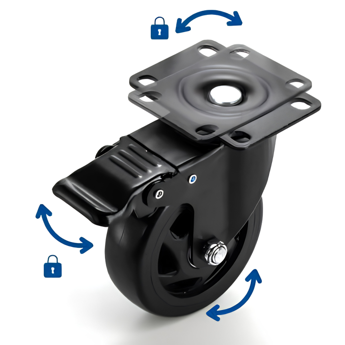 Set 4 roti pentru mobila VarioShop®, utilizare la carucioare si structuri mobile, rotatie 360°, frana pe 2 roti, capacitate 100 kg/bucata, diametru 100 mm, negru [4]
