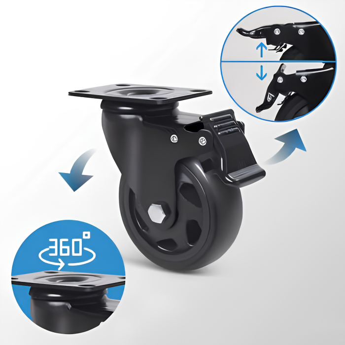 Set 4 roti pentru mobila VarioShop®, utilizare la carucioare si structuri mobile, rotatie 360°, frana pe 2 roti, capacitate 100 kg/bucata, diametru 100 mm, negru [2]