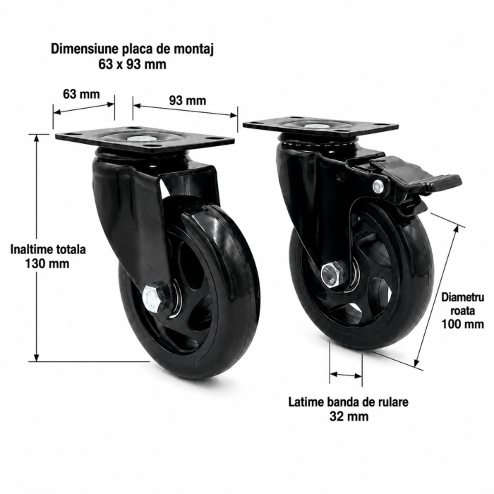 Set 4 roti pentru mobila VarioShop®, utilizare la carucioare si structuri mobile, rotatie 360°, frana pe 2 roti, capacitate 100 kg/bucata, diametru 100 mm, negru [5]