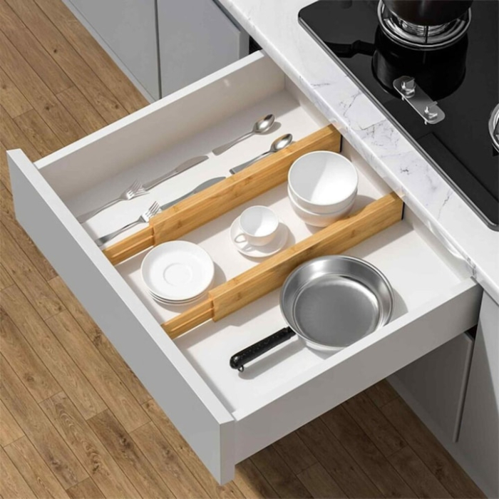 Set 4 separatoare sertar din bambus VarioShop®, organizatoare reglabile, ecologice si durabile, potrivite pentru bucatarie, birou, baie sau dressing, mecanism cu arc, montaj fara unelte, 56x6x1.5 cm [5]