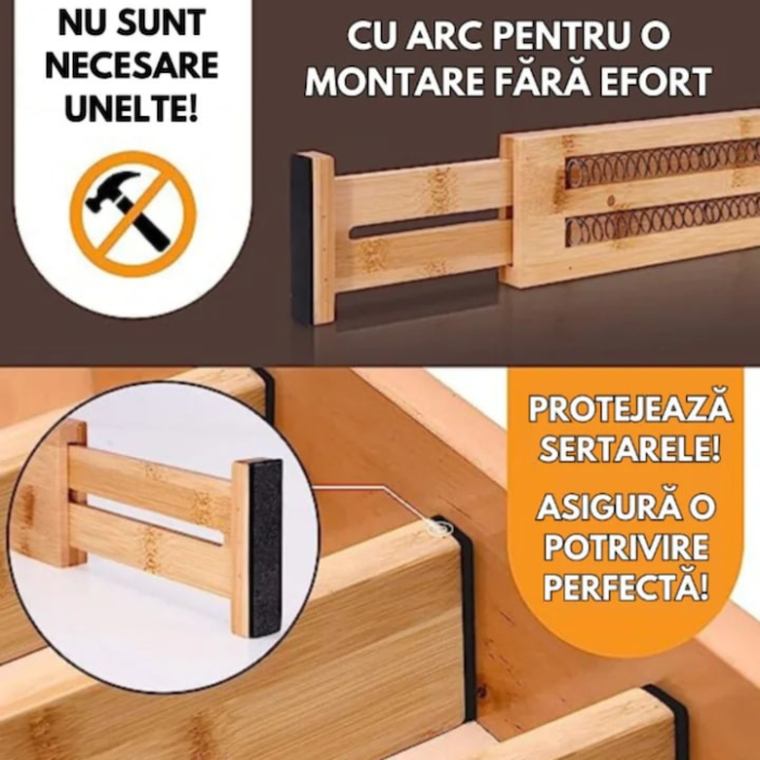 Set 4 separatoare sertar din bambus VarioShop®, organizatoare reglabile, ecologice si durabile, potrivite pentru bucatarie, birou, baie sau dressing, mecanism cu arc, montaj fara unelte, 56x6x1.5 cm [2]
