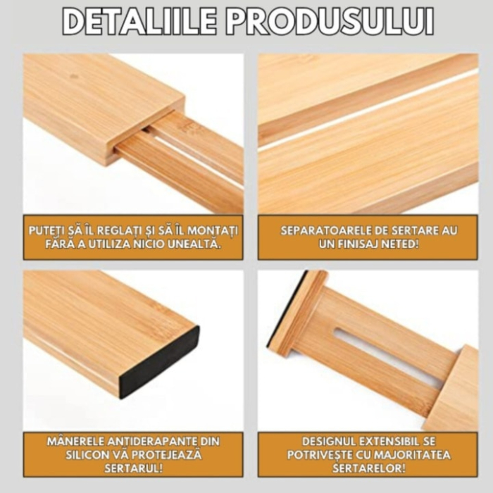 Set 4 separatoare sertar din bambus VarioShop®, organizatoare reglabile, ecologice si durabile, potrivite pentru bucatarie, birou, baie sau dressing, mecanism cu arc, montaj fara unelte, 56x6x1.5 cm [3]