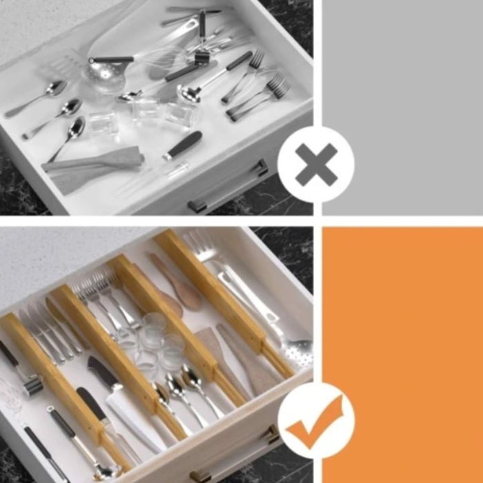 Set 4 separatoare sertar din bambus VarioShop®, organizatoare reglabile, ecologice si durabile, potrivite pentru bucatarie, birou, baie sau dressing, mecanism cu arc, montaj fara unelte, 56x6x1.5 cm [4]