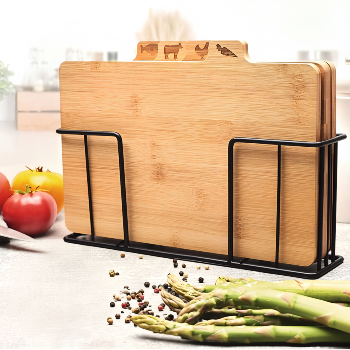 Set 4 tocatoare VarioShop®, pentru taiere si servire alimente, din bambus, cu marcaje dedicate si suport metalic, 28 x 20 x 1,2 cm, natur [10]