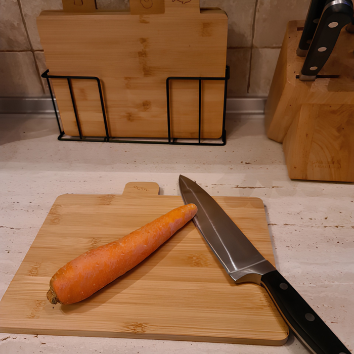 Set 4 tocatoare VarioShop®, pentru taiere si servire alimente, din bambus, cu marcaje dedicate si suport metalic, 28 x 20 x 1,2 cm, natur [14]