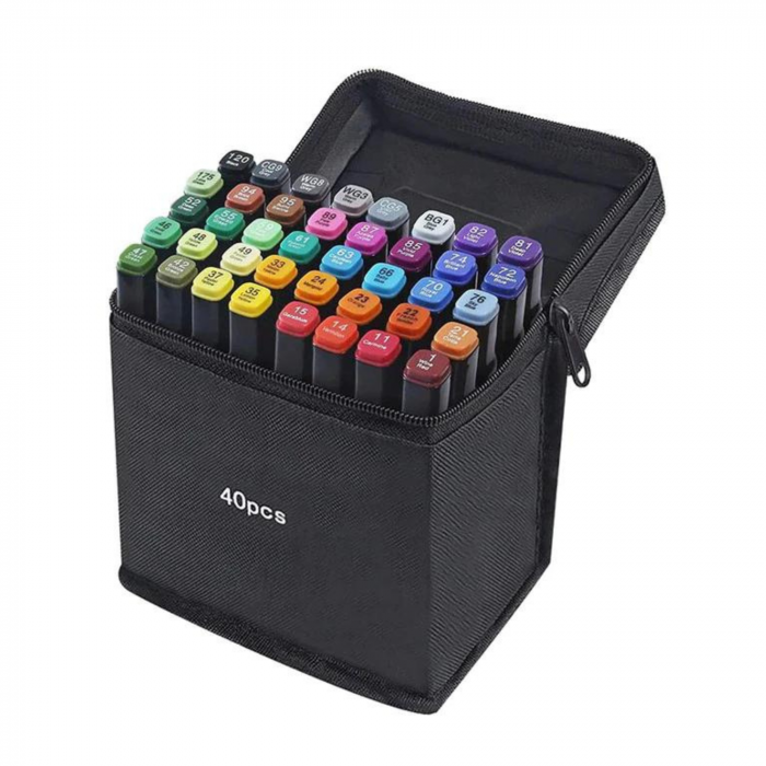 Set 40 markere duble VarioShop®, Carioci profesionale, Culori vii pe baza de alcool, 2 varfuri rezistente, geanta depozitare, Multicolore [24]
