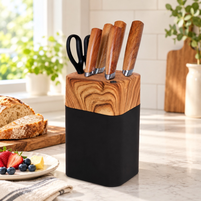 Set 5 cutite bucatarie VarioShop®, pentru feliere, tocare si curatare legume, manere ergonomice, foarfeca inclusa, suport din lemn natural [2]