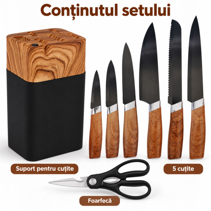 Set 5 cutite bucatarie VarioShop®, pentru feliere, tocare si curatare legume, manere ergonomice, foarfeca inclusa, suport din lemn natural [6]