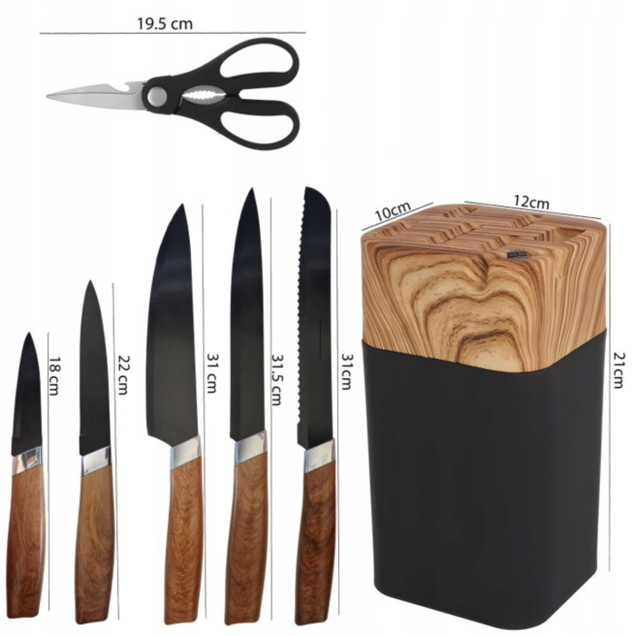 Set 5 cutite bucatarie VarioShop®, pentru feliere, tocare si curatare legume, manere ergonomice, foarfeca inclusa, suport din lemn natural [4]