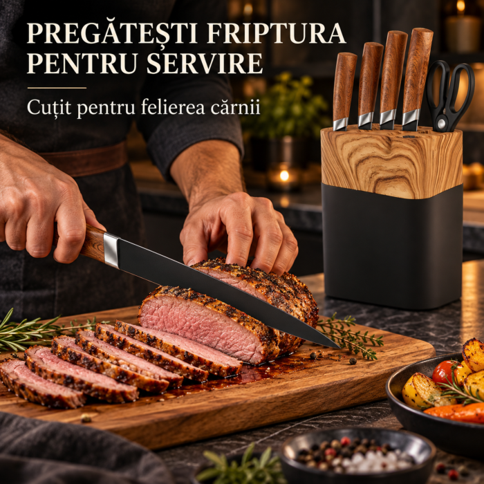 Set 5 cutite bucatarie VarioShop, pentru feliere, tocare si curatare legume, manere ergonomice, lame din otel, foarfeca inclusa, suport din lemn natural [6]