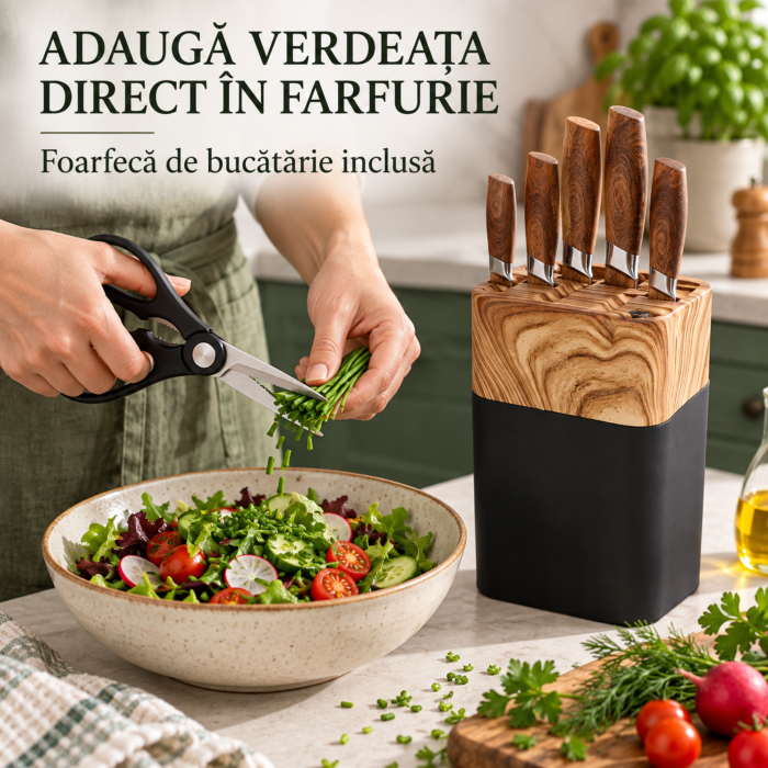 Set 5 cutite bucatarie VarioShop, pentru feliere, tocare si curatare legume, manere ergonomice, lame din otel, foarfeca inclusa, suport din lemn natural [8]