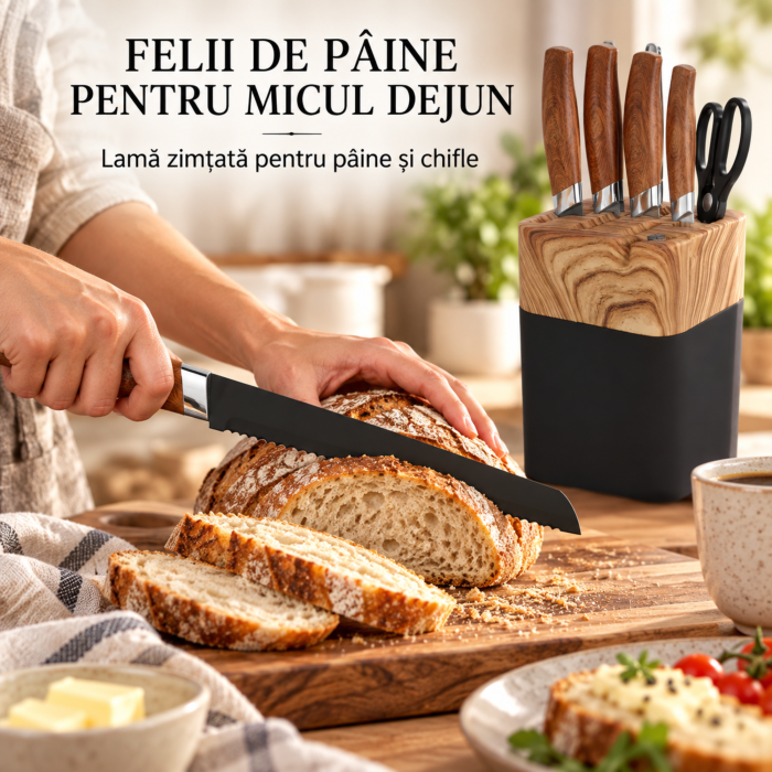 Set 5 cutite bucatarie VarioShop, pentru feliere, tocare si curatare legume, manere ergonomice, lame din otel, foarfeca inclusa, suport din lemn natural [4]