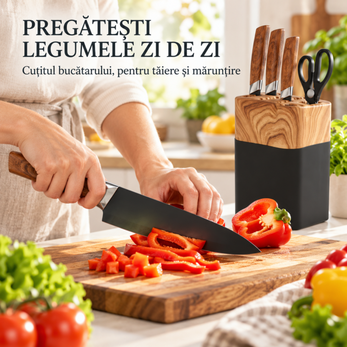 Set 5 cutite bucatarie VarioShop, pentru feliere, tocare si curatare legume, manere ergonomice, lame din otel, foarfeca inclusa, suport din lemn natural [3]