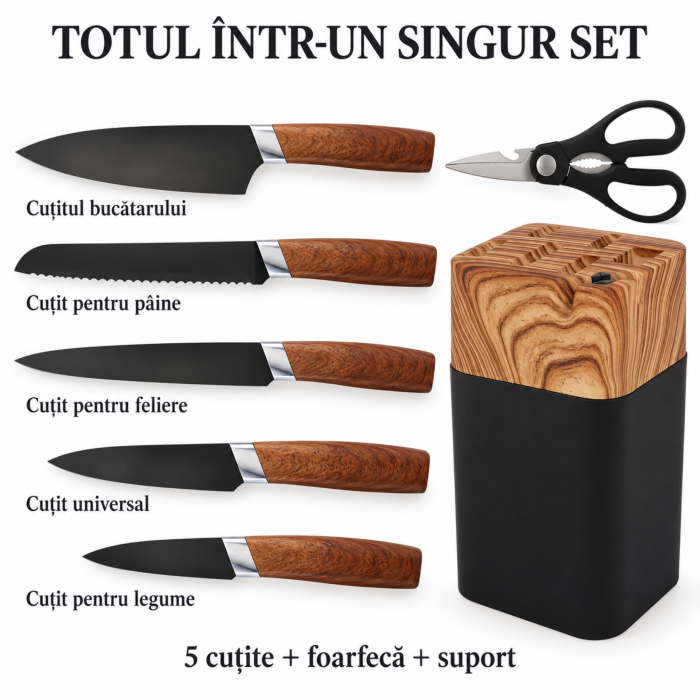 Set 5 cutite bucatarie VarioShop, pentru feliere, tocare si curatare legume, manere ergonomice, lame din otel, foarfeca inclusa, suport din lemn natural [5]