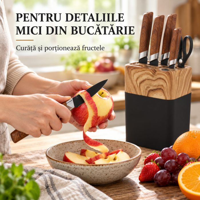 Set 5 cutite bucatarie VarioShop, pentru feliere, tocare si curatare legume, manere ergonomice, lame din otel, foarfeca inclusa, suport din lemn natural [7]