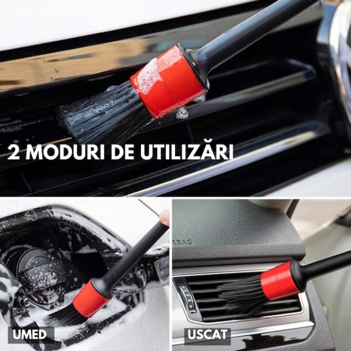 Set 5 perii profesionale pentru detailing VarioShop®, curatarea interioarelor auto, utilizare versatila, perii sintetici, carpa din microfibra, Negru [2]