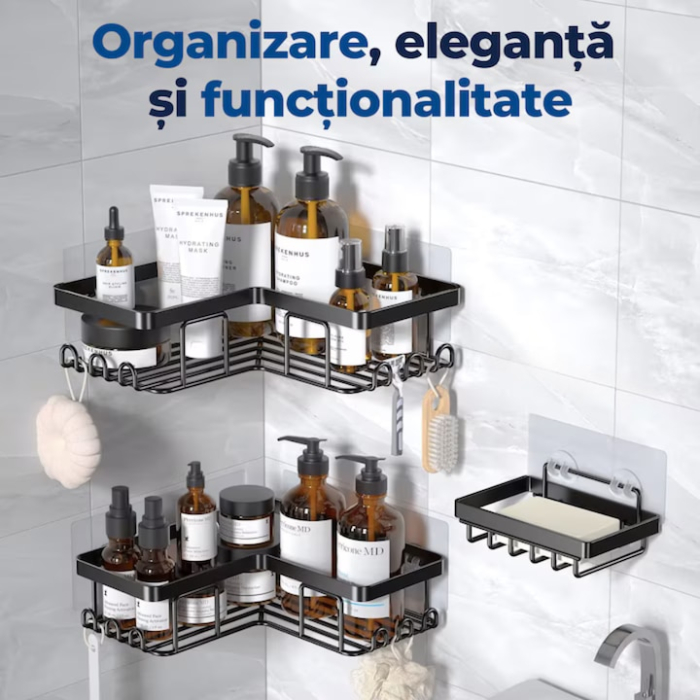 Set 5 rafturi pentru baie VarioShop®, 3 cosuri si 2 rafturi de colt, design suspendat, metal rezistent la umiditate, montaj fara gauri cu carlige adezive, negru [4]