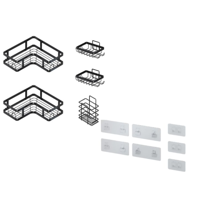 Set 5 rafturi pentru baie VarioShop®, 3 cosuri si 2 rafturi de colt, design suspendat, metal rezistent la umiditate, montaj fara gauri cu carlige adezive, negru [9]