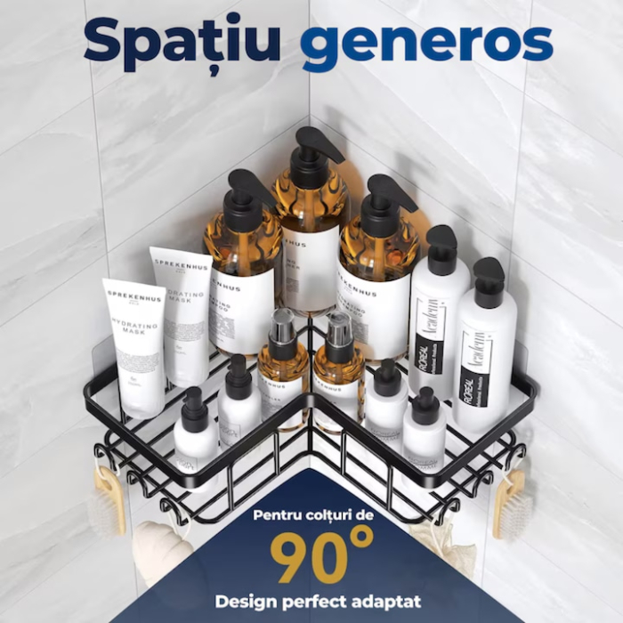 Set 5 rafturi pentru baie VarioShop®, 3 cosuri si 2 rafturi de colt, design suspendat, metal rezistent la umiditate, montaj fara gauri cu carlige adezive, negru [6]