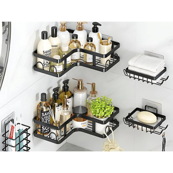 Set 5 rafturi pentru baie VarioShop®, 3 cosuri si 2 rafturi de colt, design suspendat, metal rezistent la umiditate, montaj fara gauri cu carlige adezive, negru [7]