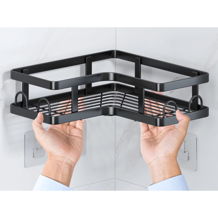 Set 5 rafturi pentru baie VarioShop®, 3 cosuri si 2 rafturi de colt, design suspendat, metal rezistent la umiditate, montaj fara gauri cu carlige adezive, negru [10]