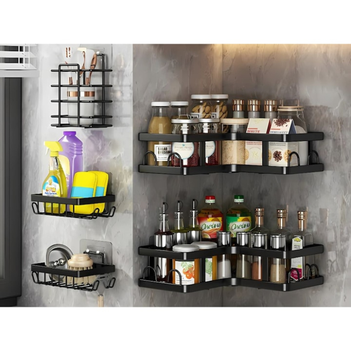 Set 5 rafturi pentru baie VarioShop®, 3 cosuri si 2 rafturi de colt, design suspendat, metal rezistent la umiditate, montaj fara gauri cu carlige adezive, negru [11]