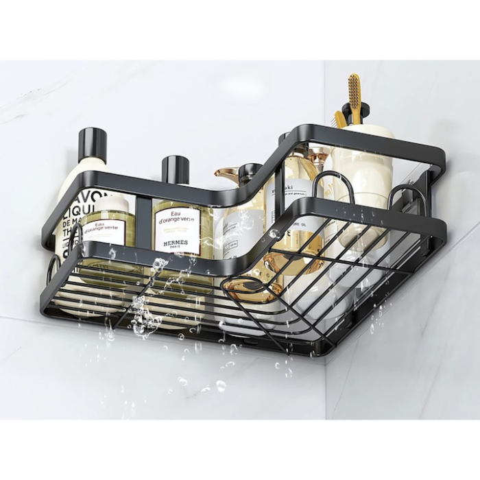 Set 5 rafturi pentru baie VarioShop®, 3 cosuri si 2 rafturi de colt, design suspendat, metal rezistent la umiditate, montaj fara gauri cu carlige adezive, negru [5]