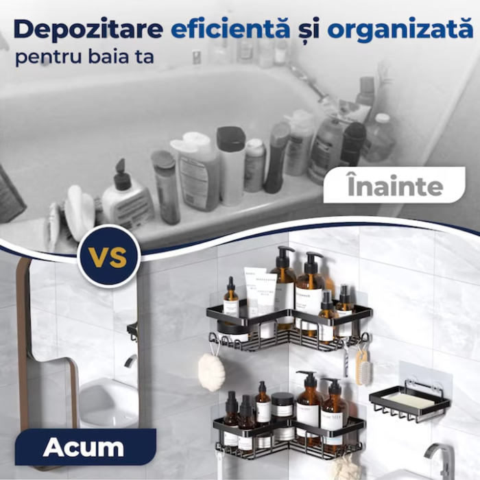 Set 5 rafturi pentru baie VarioShop®, 3 cosuri si 2 rafturi de colt, design suspendat, metal rezistent la umiditate, montaj fara gauri cu carlige adezive, negru [2]