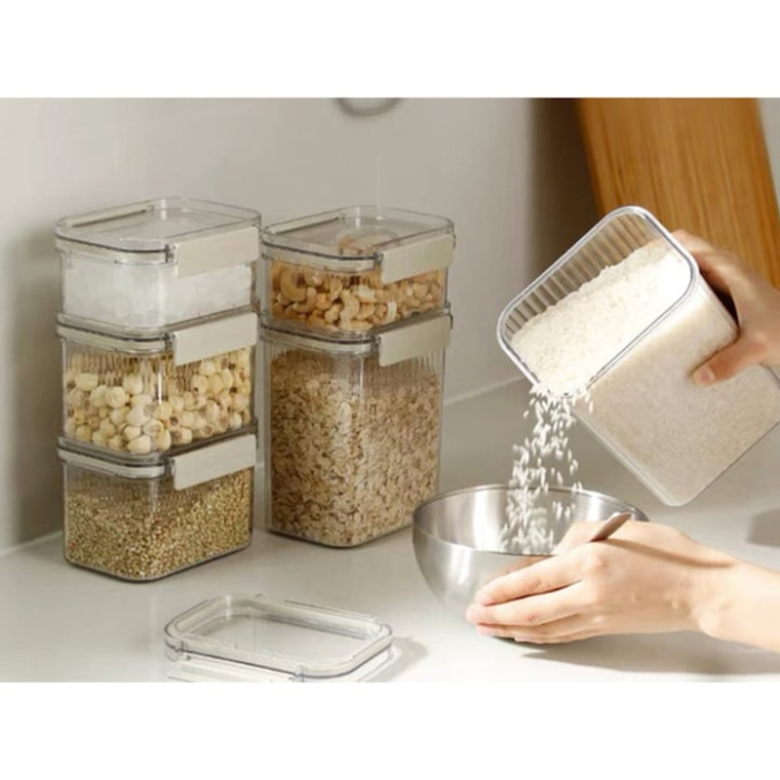 Set 5 recipiente cu etans, VarioShop®, din plastic cu clema si garnitura din silicon, pentru depozitare alimente, diverse dimensiuni, Transparent [2]