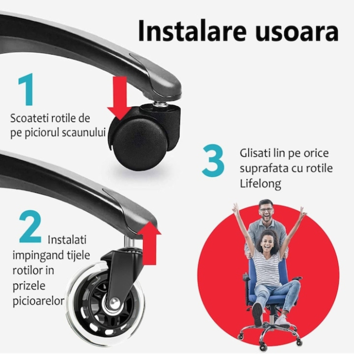 Set 5 roti din silicon moale pentru scaune de birou VarioShop®, silentioase, rezistente, protejeaza podeaua, cu rulmenti de inalta calitate, diametru tija 11 mm, Negru [6]