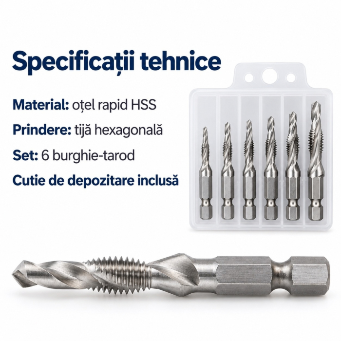 Set 6 burghie tarod VarioShop, pentru gaurire, filetare si tesire, otel HSS, M3–M10, toc inclus [11]