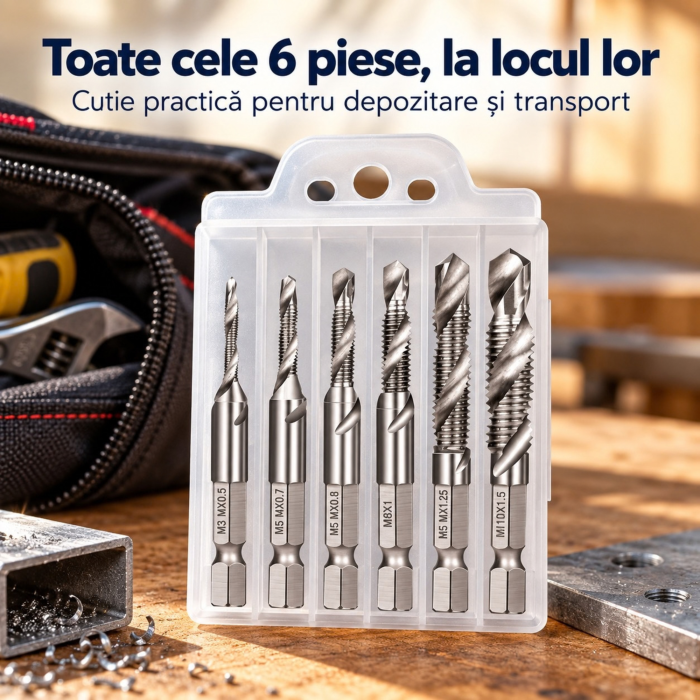 Set 6 burghie tarod VarioShop, pentru gaurire, filetare si tesire, otel HSS, M3–M10, toc inclus [9]
