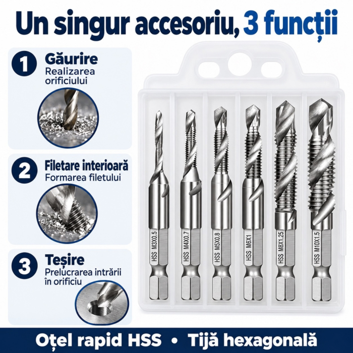 Set 6 burghie tarod VarioShop, pentru gaurire, filetare si tesire, otel HSS, M3–M10, toc inclus [8]