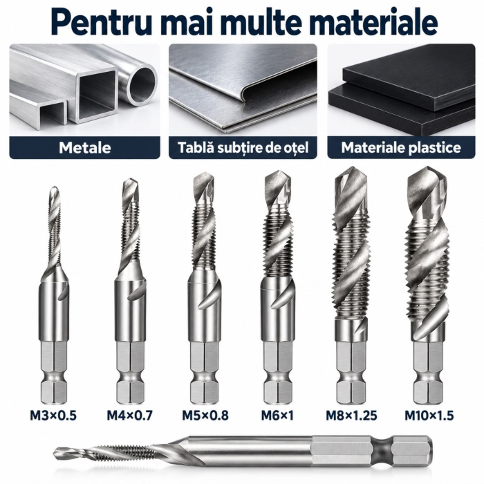 Set 6 burghie tarod VarioShop, pentru gaurire, filetare si tesire, otel HSS, M3–M10, toc inclus [10]