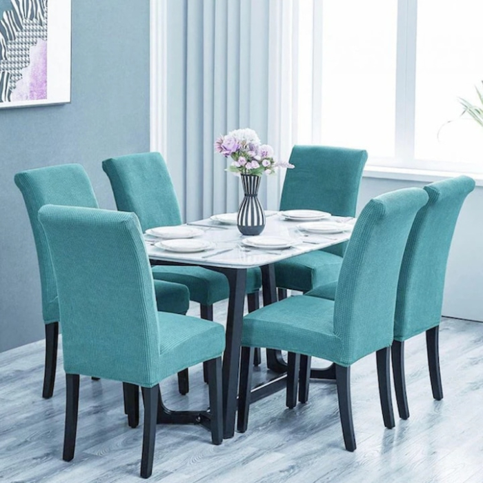 Set 6 huse universale VarioShop pentru scaune, bumbac embosat, material gros si elastic, lavabile, anti-alunecare, fara calcare, Turcoaz [6]