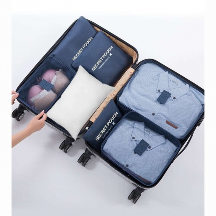 Set 6 organizatoare pentru calatorie VarioShop®, diferite dimensiuni, manere pentru transport, plaibile, versatile, fermoare durabile, tesatura/plasa, Albastru [4]