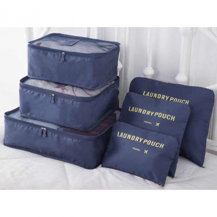 Set 6 organizatoare pentru calatorie VarioShop®, diferite dimensiuni, manere pentru transport, plaibile, versatile, fermoare durabile, tesatura/plasa, Albastru [5]