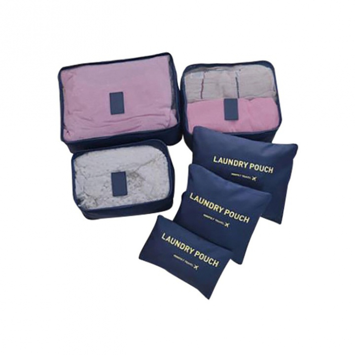Set 6 organizatoare pentru calatorie VarioShop®, diferite dimensiuni, manere pentru transport, plaibile, versatile, fermoare durabile, tesatura/plasa, Albastru [11]