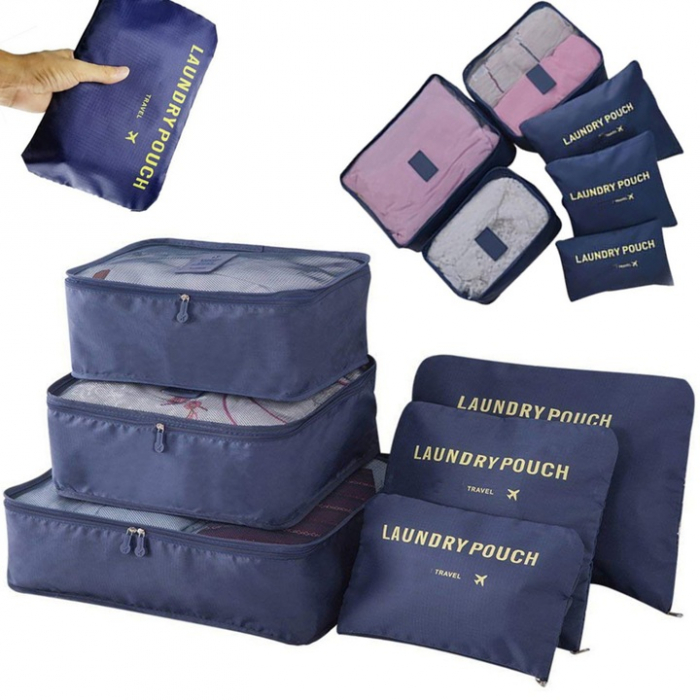 Set 6 organizatoare pentru calatorie VarioShop®, diferite dimensiuni, manere pentru transport, plaibile, versatile, fermoare durabile, tesatura/plasa, Albastru [13]