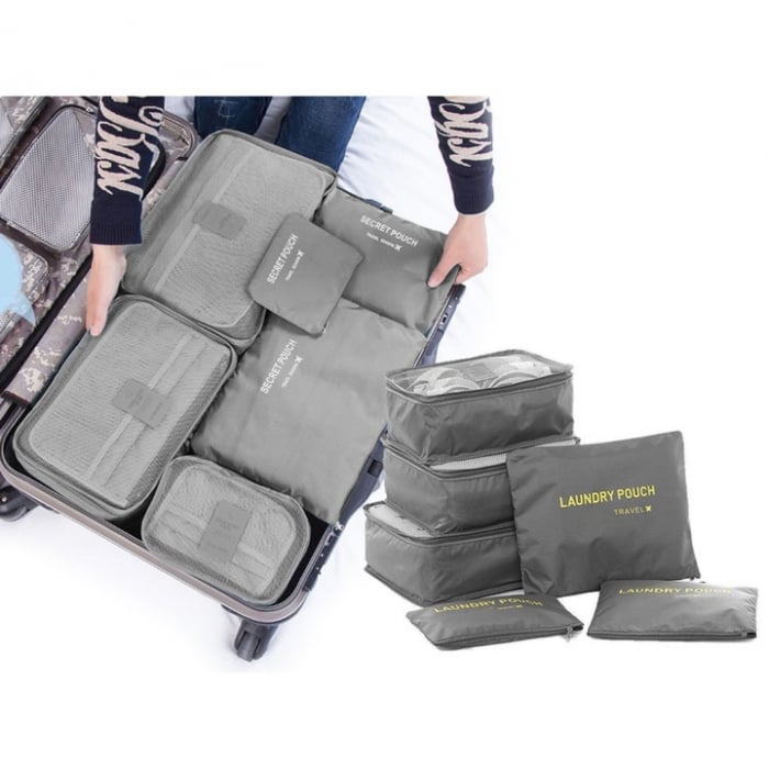 Set 6 organizatoare pentru calatorie VarioShop®, diferite dimensiuni, manere pentru transport, plaibile, versatile, fermoare durabile, tesatura/plasa, Gri [9]