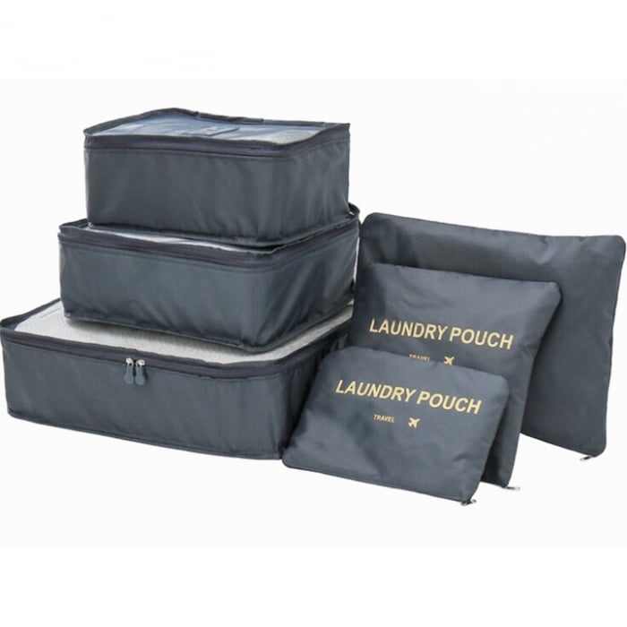 Set 6 organizatoare pentru calatorie VarioShop®, diferite dimensiuni, manere pentru transport, plaibile, versatile, fermoare durabile, tesatura/plasa, Gri [14]
