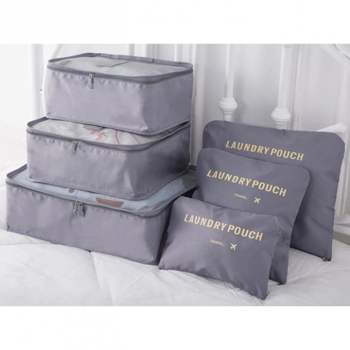 Set 6 organizatoare pentru calatorie VarioShop®, diferite dimensiuni, manere pentru transport, plaibile, versatile, fermoare durabile, tesatura/plasa, Gri [10]