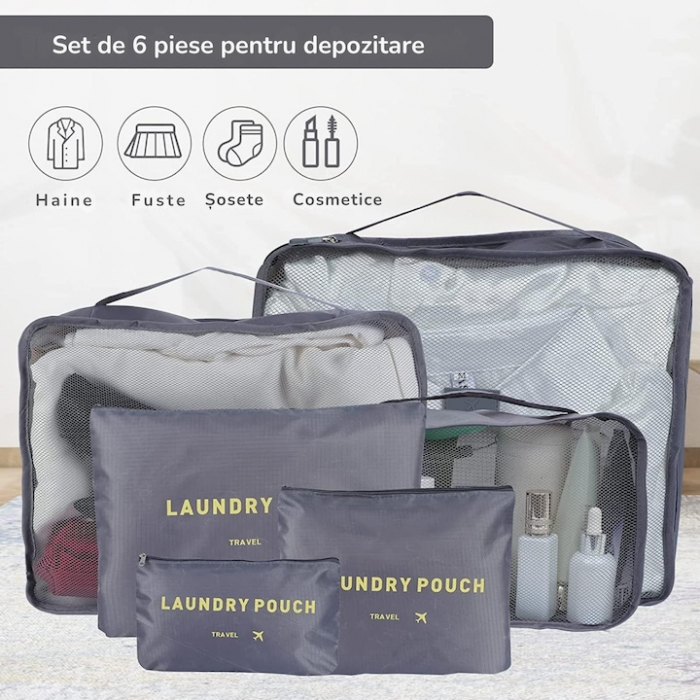 Set 6 organizatoare pentru calatorie VarioShop®, diferite dimensiuni, manere pentru transport, plaibile, versatile, fermoare durabile, tesatura/plasa, Gri [4]