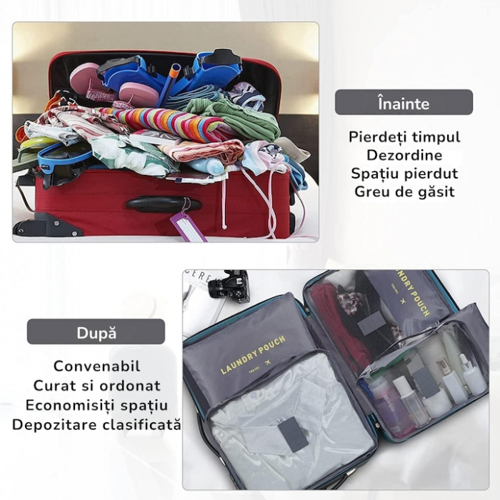 Set 6 organizatoare pentru calatorie VarioShop®, diferite dimensiuni, manere pentru transport, plaibile, versatile, fermoare durabile, tesatura/plasa, Gri [5]